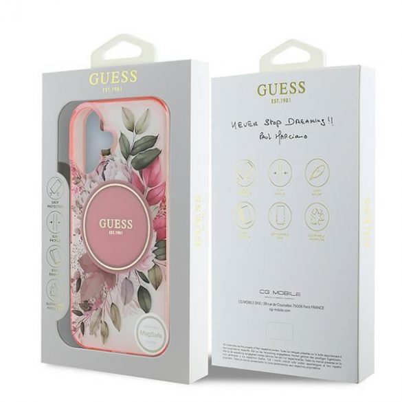 Guess GUHMP16MHFWBDCEP IML Flower & Tonal Circle Husă MagSafe pentru iPhone 16 Plus - roz