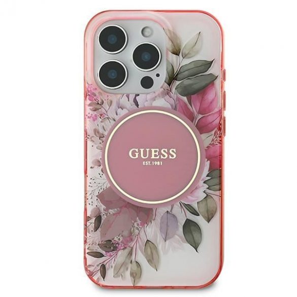 Guess GUHMP16LHFWBDCEP IML Flower & Tonal Circle Husă MagSafe pentru iPhone 16 Pro - roz