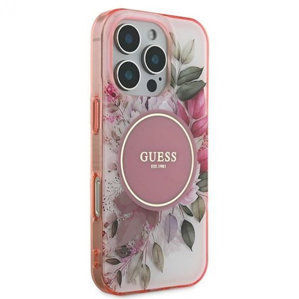 Guess GUHMP16LHFWBDCEP IML Flower & Tonal Circle Husă MagSafe pentru iPhone 16 Pro - roz