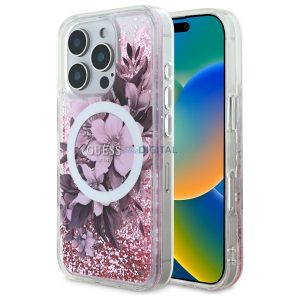 Guess GUHMP16LLFMWTP Liquid Glitter Flower Carcasă tare compatibilă MagSafe pentru iPhone 16 Pro - roz