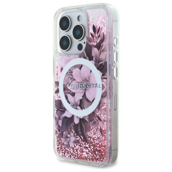 Guess GUHMP16LLFMWTP Liquid Glitter Flower Carcasă tare compatibilă MagSafe pentru iPhone 16 Pro - roz