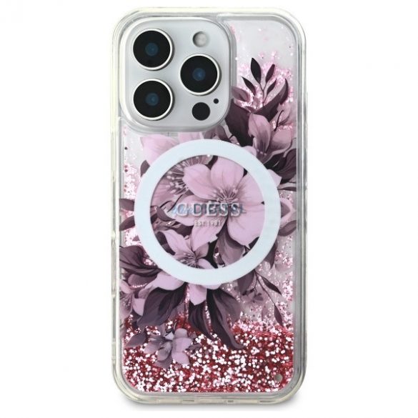 Guess GUHMP16LLFMWTP Liquid Glitter Flower Carcasă tare compatibilă MagSafe pentru iPhone 16 Pro - roz