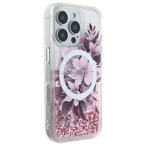 Guess GUHMP16LLFMWTP Liquid Glitter Flower Carcasă tare compatibilă MagSafe pentru iPhone 16 Pro - roz