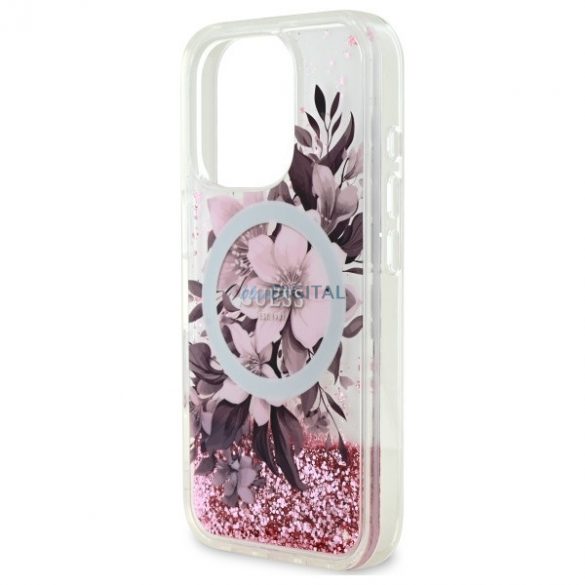 Guess GUHMP16LLFMWTP Liquid Glitter Flower Carcasă tare compatibilă MagSafe pentru iPhone 16 Pro - roz