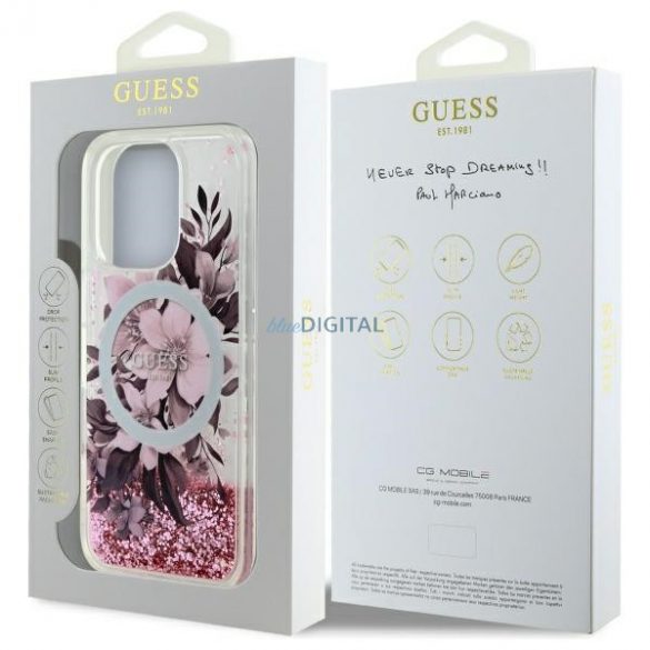 Guess GUHMP16LLFMWTP Liquid Glitter Flower Carcasă tare compatibilă MagSafe pentru iPhone 16 Pro - roz