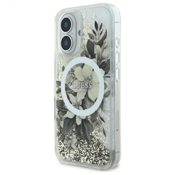 Guess GUHMP16SLFMWTE Liquid Glitter Flower Carcasă tare MagSafe pentru iPhone 16 - bej