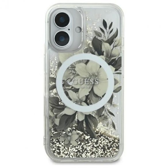 Guess GUHMP16SLFMWTE Liquid Glitter Flower Carcasă tare MagSafe pentru iPhone 16 - bej