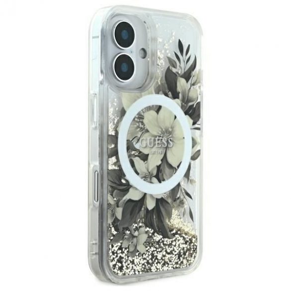 Guess GUHMP16SLFMWTE Liquid Glitter Flower Carcasă tare MagSafe pentru iPhone 16 - bej