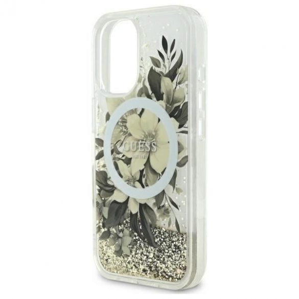 Guess GUHMP16SLFMWTE Liquid Glitter Flower Carcasă tare MagSafe pentru iPhone 16 - bej