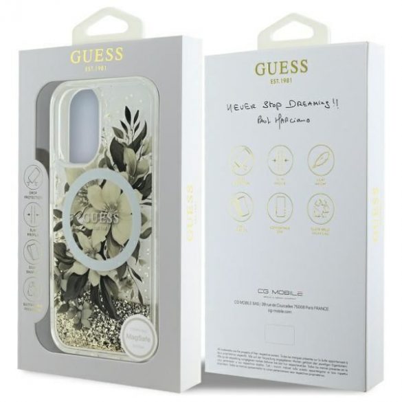 Guess GUHMP16SLFMWTE Liquid Glitter Flower Carcasă tare MagSafe pentru iPhone 16 - bej