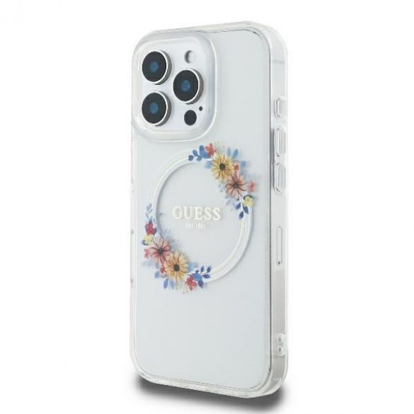 Guess GUHMP16SHFWFCT IML Flowers Wreath MagSafe carcasă tare pentru iPhone 16 - transparent