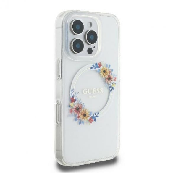 Guess GUHMP16SHFWFCT IML Flowers Wreath MagSafe carcasă tare pentru iPhone 16 - transparent