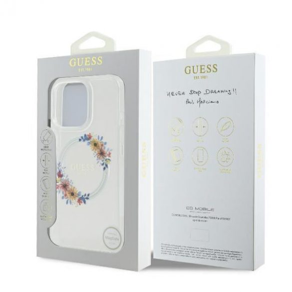 Guess GUHMP16SHFWFCT IML Flowers Wreath MagSafe carcasă tare pentru iPhone 16 - transparent