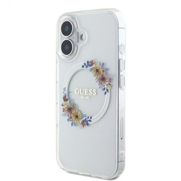 Guess GUHMP16MHFWFCT IML Flowers Wreath MagSafe carcasă tare pentru iPhone 16 Plus - transparent