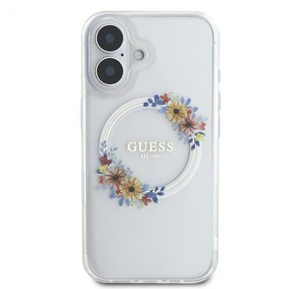 Guess GUHMP16MHFWFCT IML Flowers Wreath MagSafe carcasă tare pentru iPhone 16 Plus - transparent