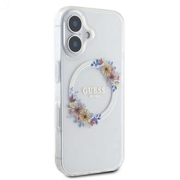 Guess GUHMP16MHFWFCT IML Flowers Wreath MagSafe carcasă tare pentru iPhone 16 Plus - transparent