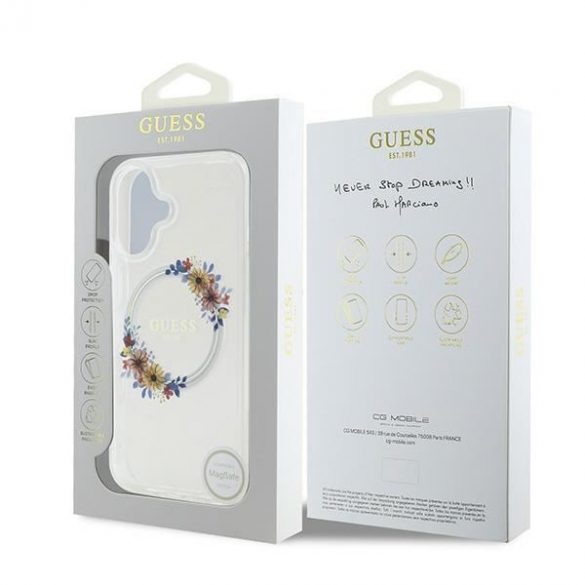 Guess GUHMP16MHFWFCT IML Flowers Wreath MagSafe carcasă tare pentru iPhone 16 Plus - transparent