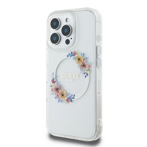 Guess GUHMP16LHFWFCT IML Flowers Wreath MagSafe carcasă tare pentru iPhone 16 Pro - transparent