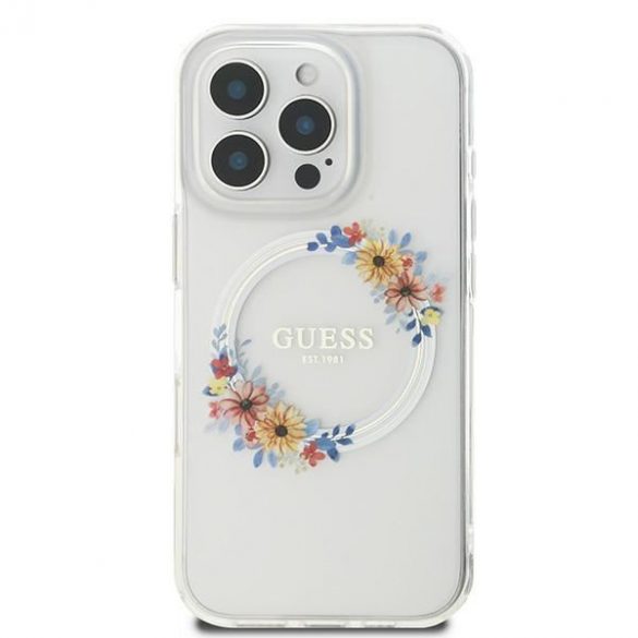 Guess GUHMP16LHFWFCT IML Flowers Wreath MagSafe carcasă tare pentru iPhone 16 Pro - transparent