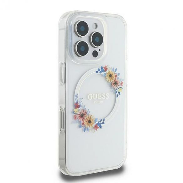 Guess GUHMP16LHFWFCT IML Flowers Wreath MagSafe carcasă tare pentru iPhone 16 Pro - transparent