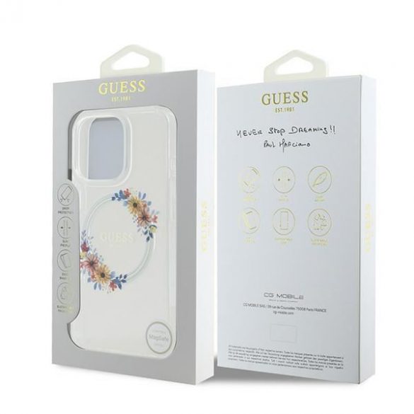 Guess GUHMP16LHFWFCT IML Flowers Wreath MagSafe carcasă tare pentru iPhone 16 Pro - transparent