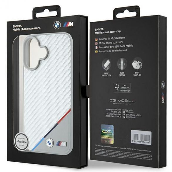 BMW BMHMP16S23PUDTS Carcasă MagSafe M Carbon Tricolor Line pentru iPhone 16 - gri