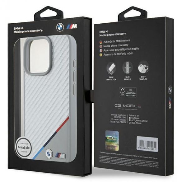 BMW BMHMP16L23PUDTS Carcasă MagSafe M Carbon Tricolor Line pentru iPhone 16 Pro - gri