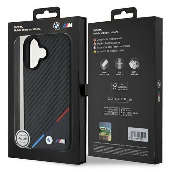 BMW BMHMP16M23PUDTK Carcasă MagSafe Carbon Tricolor Line pentru iPhone 16 Plus - negru