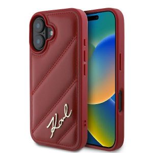 Karl Lagerfeld KLHCP16SPQDSMGR Carcasă rigidă Diagonal Quilted Script pentru iPhone 16 - Roșu