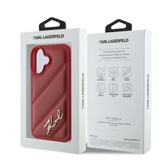 Karl Lagerfeld KLHCP16SPQDSMGR Carcasă rigidă Diagonal Quilted Script pentru iPhone 16 - Roșu