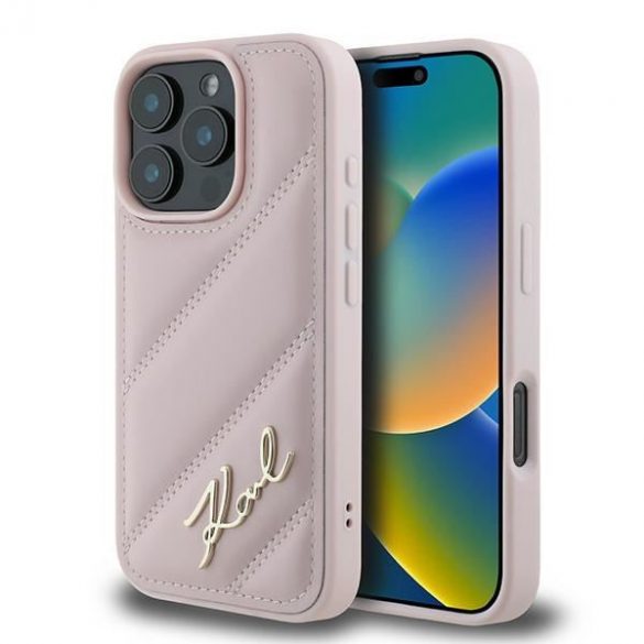 Karl Lagerfeld KLHCP16XPQDSMGP Carcasă rigidă matlasată Signature pentru iPhone 16 Pro Max - Roz