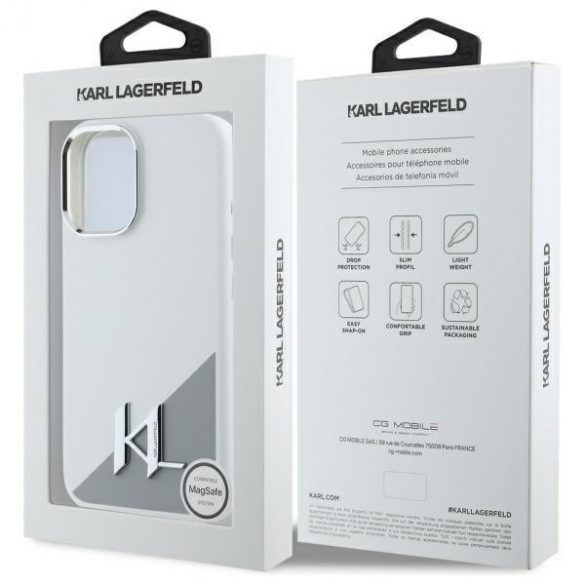 Karl Lagerfeld KLHMP16SSCMCMKMPCH Silicon Initial Metal Logo Carcasă tare compatibilă MagSafe pentru iPhone 16 - alb