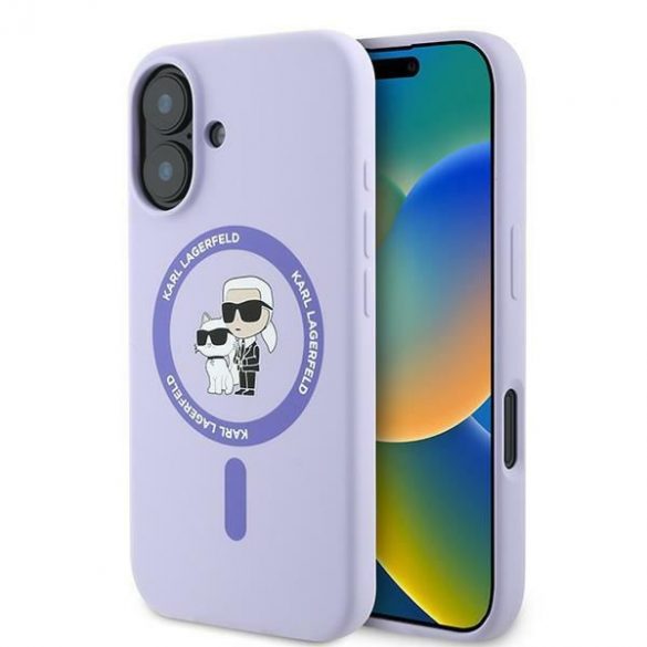 Karl Lagerfeld KLHMP16SSCMCMKCRHU Carcasă rigidă Karl&Choupette Ring MagSafe din silicon pentru iPhone 16 - violet