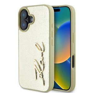 Karl Lagerfeld KLHCP16SPFMFBKMD Carcasă rigidă cu semnătură metalică pentru iPhone 16 - Aur