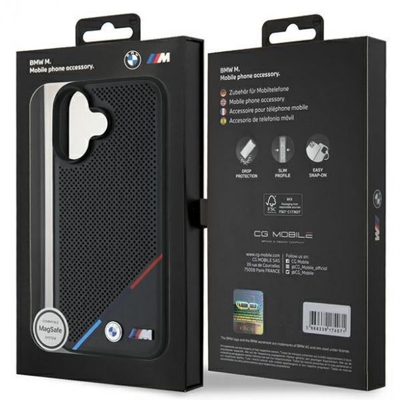 BMW BMHMP16M23PUPDK Carcasă MagSafe M Perforated Tricolor Line pentru iPhone 16 Plus - negru