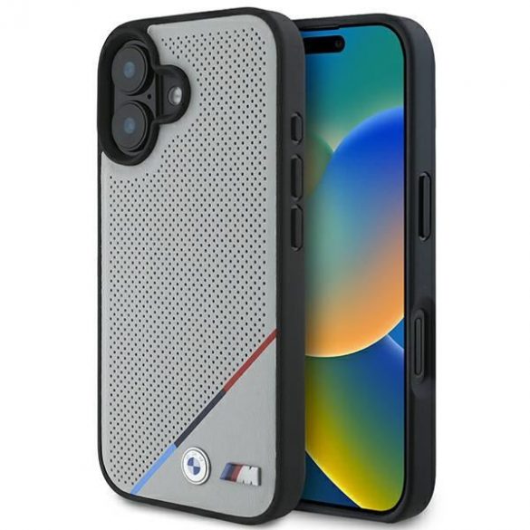 BMW BMHMP16S23PUPDG Carcasă MagSafe M Perforated Tricolor Line pentru iPhone 16 - gri