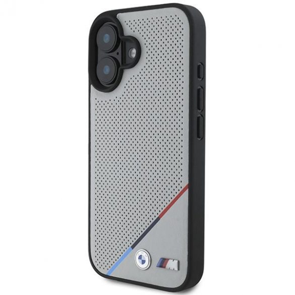 BMW BMHMP16S23PUPDG Carcasă MagSafe M Perforated Tricolor Line pentru iPhone 16 - gri