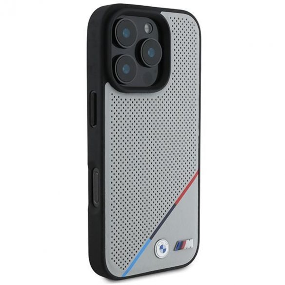 BMW BMHMP16L23PUPDG Carcasă MagSafe M Perforated Tricolor Line pentru iPhone 16 Pro - gri