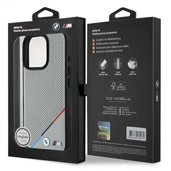 BMW BMHMP16L23PUPDG Carcasă MagSafe M Perforated Tricolor Line pentru iPhone 16 Pro - gri