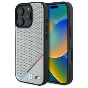 BMW BMHMP16X23PUPDG Carcasă MagSafe M Perforated Tricolor Line pentru iPhone 16 Pro Max - gri