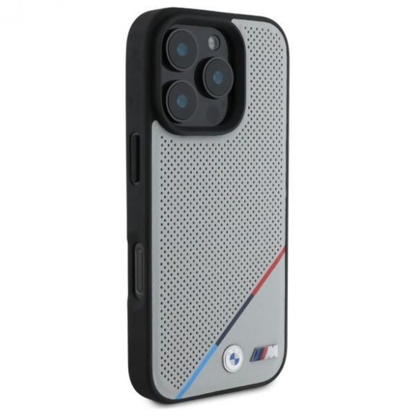 BMW BMHMP16X23PUPDG Carcasă MagSafe M Perforated Tricolor Line pentru iPhone 16 Pro Max - gri