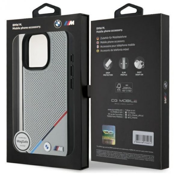 BMW BMHMP16X23PUPDG Carcasă MagSafe M Perforated Tricolor Line pentru iPhone 16 Pro Max - gri