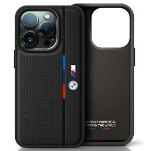 BMW BMHCP16S23PUPVK Carcasă M Perforated Tricolor Detail Line pentru iPhone 16 - negru