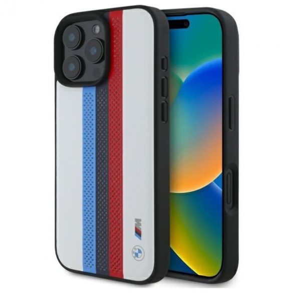 BMW BMHMP16X23PUPTH M Carcasă MagSafe perforată Tricolor cu dungi imprimate pentru iPhone 16 Pro Max - alb