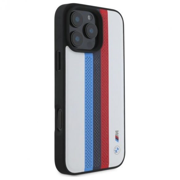 BMW BMHMP16X23PUPTH M Carcasă MagSafe perforată Tricolor cu dungi imprimate pentru iPhone 16 Pro Max - alb