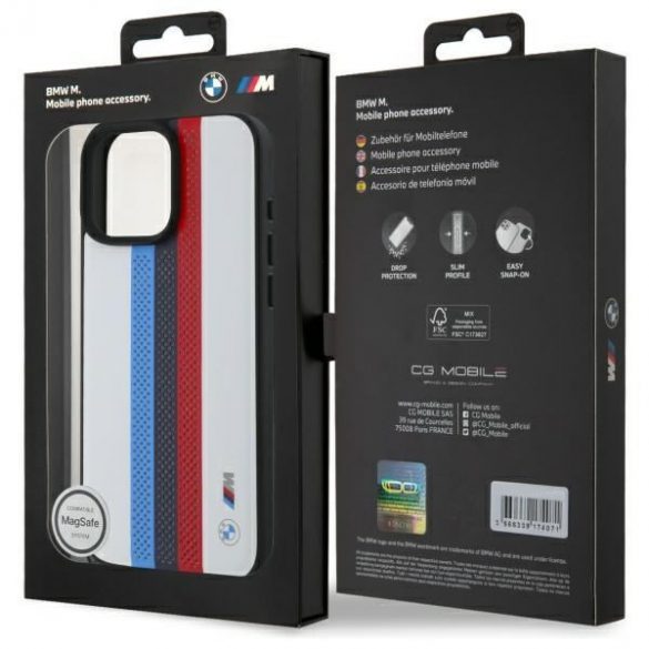 BMW BMHMP16X23PUPTH M Carcasă MagSafe perforată Tricolor cu dungi imprimate pentru iPhone 16 Pro Max - alb