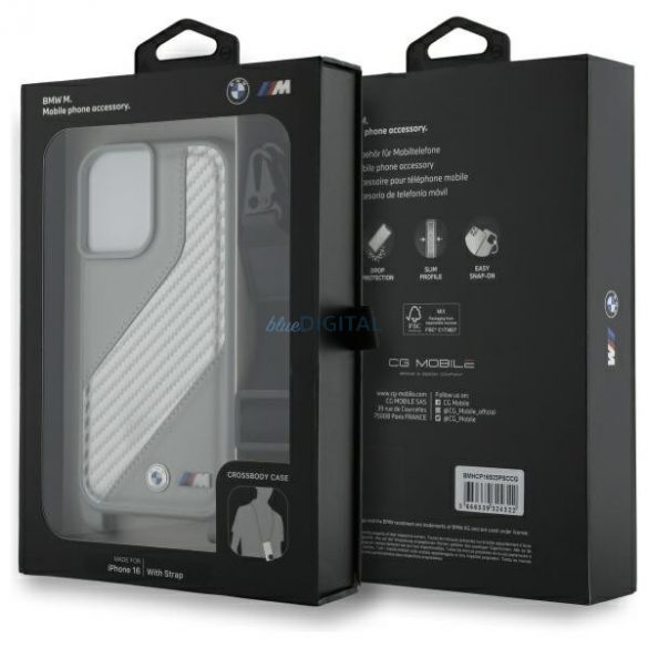 Carcasă rigidă BMW BMHCP16S23PSCCG M Edition Carbon Stripe & Strap pentru iPhone 16 - gri