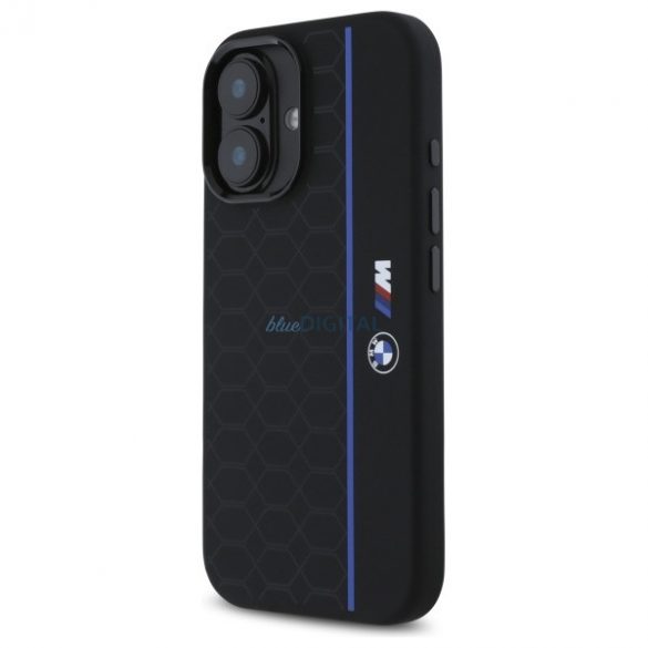 BMW BMHMP16S23SHEB Carcasă din silicon Hexagon Blue Line compatibilă cu MagSafe pentru iPhone 16 - negru