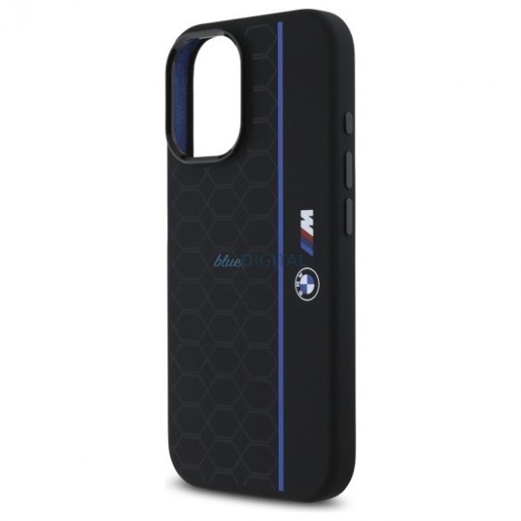 BMW BMHMP16S23SHEB Carcasă din silicon Hexagon Blue Line compatibilă cu MagSafe pentru iPhone 16 - negru