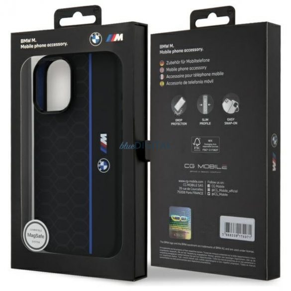 BMW BMHMP16S23SHEB Carcasă din silicon Hexagon Blue Line compatibilă cu MagSafe pentru iPhone 16 - negru